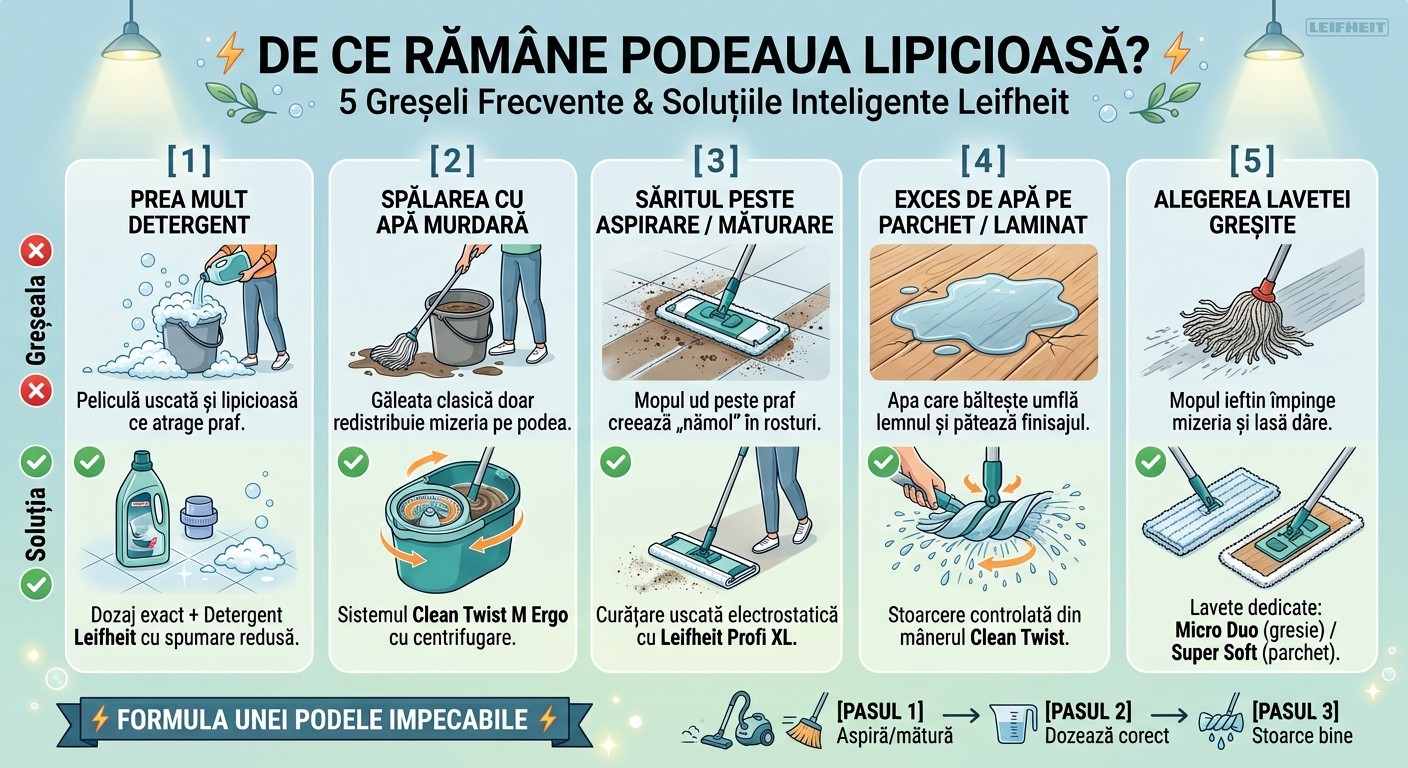 5 Greșeli pe care le faci când speli podeaua (și de aceea rămâne lipicioasă)